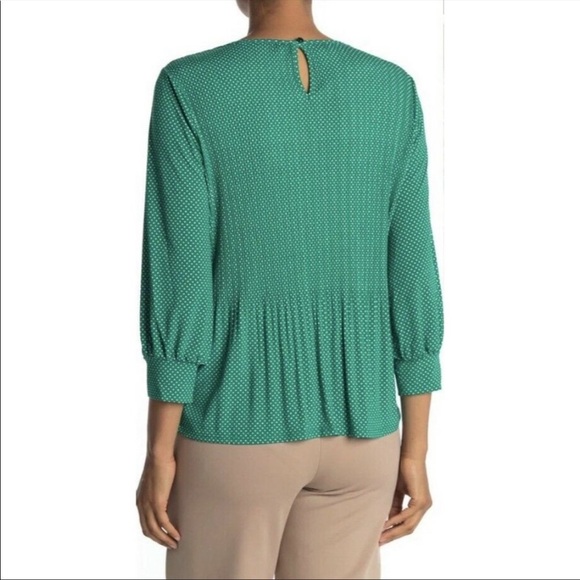 ADRIENNA PAPELL EMERALD GREEN WITH WHITE DOTS GENTLE PLEATED BLOUSE Size L - Picture 7 of 15